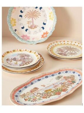 Anthropologie Coral and Blue Tropical Botanical Oval Platter